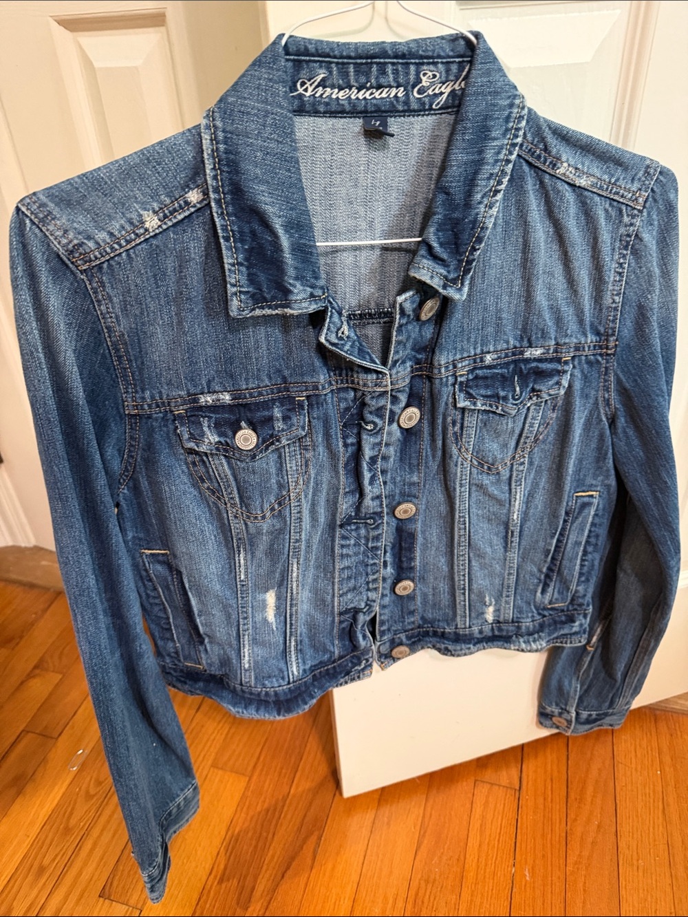 American Eagle Outfitters Distressed Blue Denim Trucker Jacket